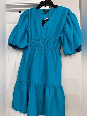 Women's Teal Puff-Sleeve Tiered V-Neck Dress